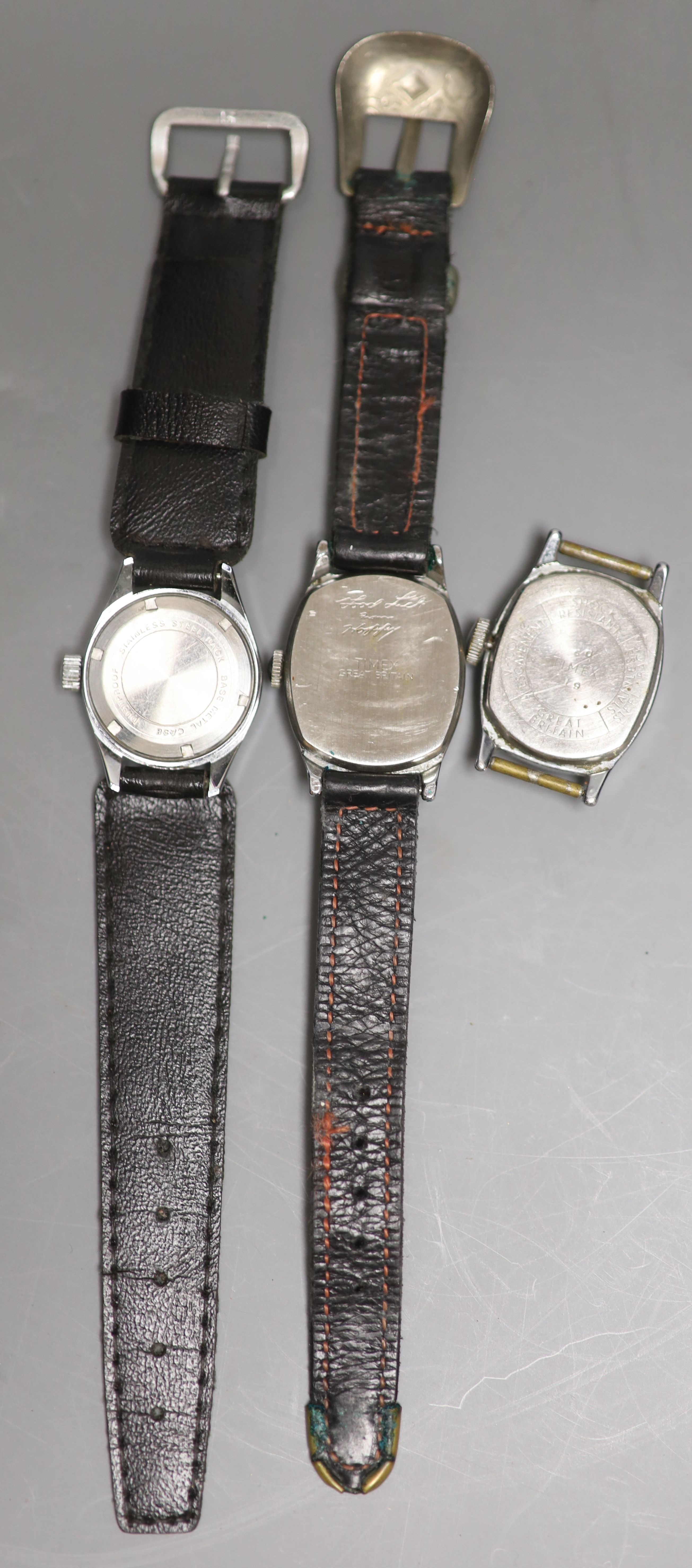 Three assorted small size steel wrist watches, including Mickey Mouse, Hopalong Cassidy and Cinderella.